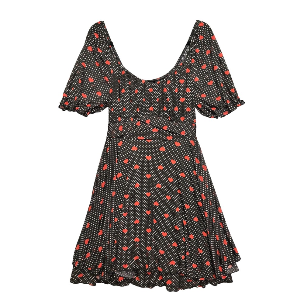 Black Red Heart Polka Dot Puff Sleeve Fit & Flare Mini Dress Retro Pin Up Goth